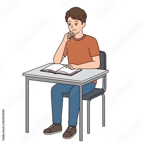 High School Male Student Sitting in Classroom — Character Illustration PNG & Background Scene
