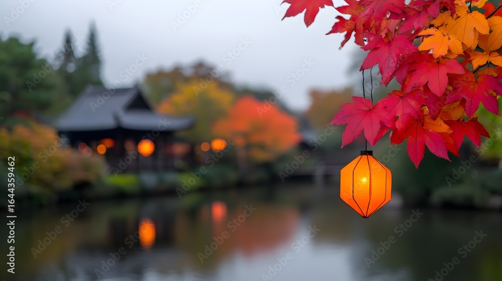 Obraz premium warm lantern with autumn leaves, traditional wooden house beside river, serene garden view, evening glow, cozy asian village atmosphere