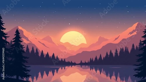 Animated Sunset Over Mountains and Lake Serene Nature Scene.