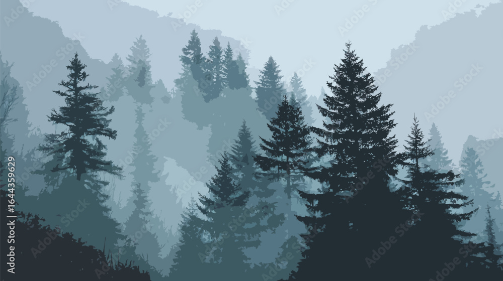 Fototapeta premium A forest with trees and a foggy sky. The trees are tall and thin. The sky is cloudy and gray