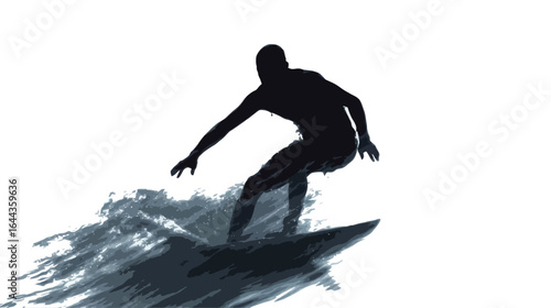A man is surfing on a wave. He is wearing a wetsuit. The water is white