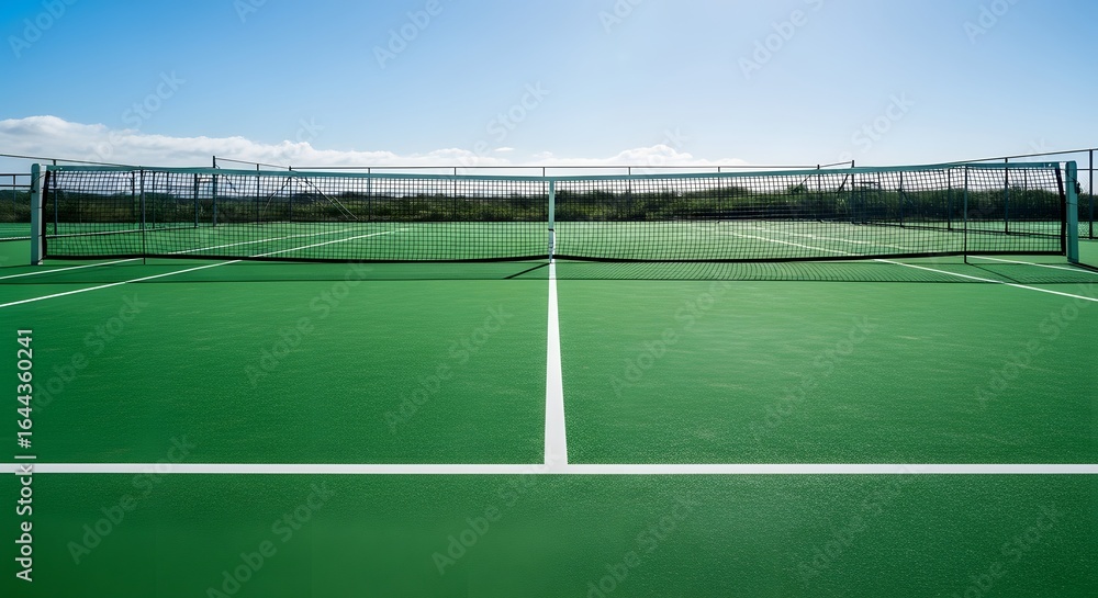 Fototapeta premium An empty green tennis court with a net under a bright blue sky.