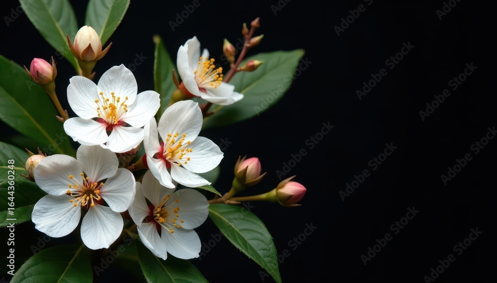 Fototapeta premium Delicate white blossoms, gilded foliage, stark black backdrop, simple, art