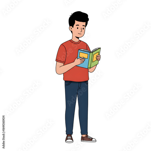 High School Male Student Reading Book in Library — Character Illustration PNG & Background Scene