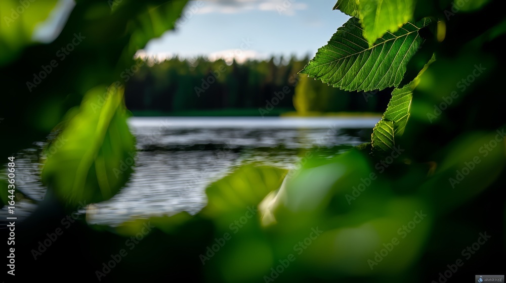 Naklejka premium Leafy green leaf is shown in the foreground of a lake. The leaf is surrounded by water and the sky is blue