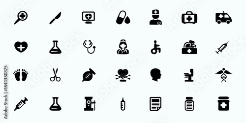 Healthcare Specialties & Diagnostic Equipment Line Art Vector Icons — Surgery, Imaging, Laboratory Tools, Patient Monitoring, and Medical Research Symbols


