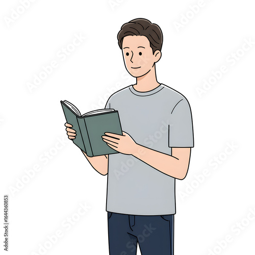 High School Male Student Reading Book in Library — Character Illustration PNG & Background Scene