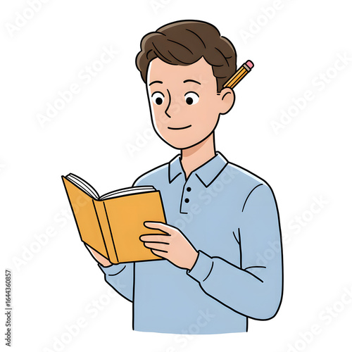 High School Male Student Reading Book in Library — Character Illustration PNG & Background Scene