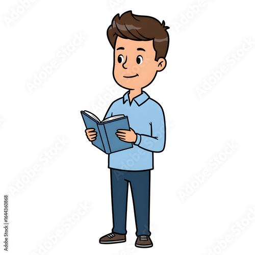 High School Male Student Reading Book in Library — Character Illustration PNG & Background Scene