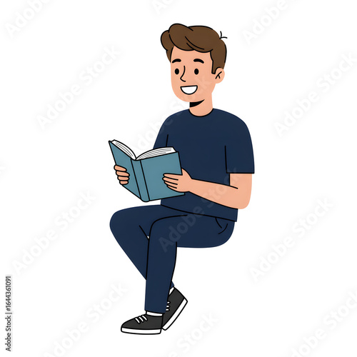 High School Male Student Reading Book in Library — Character Illustration PNG & Background Scene
