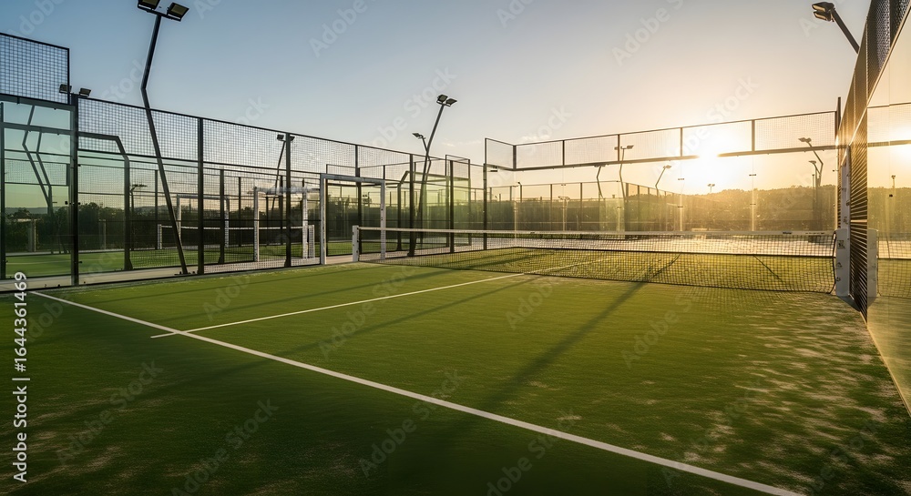 Fototapeta premium Empty padel court at sunset, showcasing the modern sports facility.