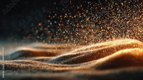 Sublime auric dust cascading onto rippling dune-like formations background