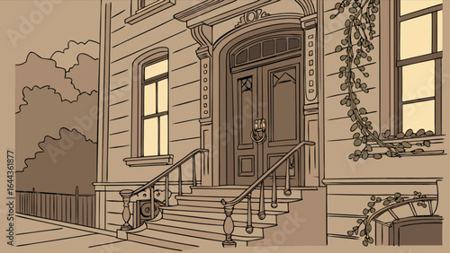 Vintage building facade illustration with architectural details and climbing vines design element