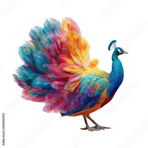 Colorful peacock painting, vibrant plumage, artistic rendering, nature background, print design