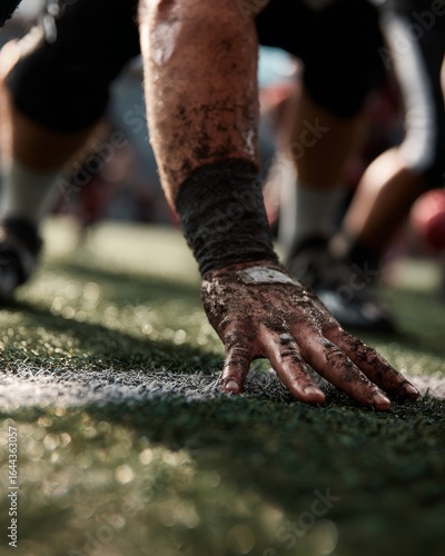 Close-Up of American Football Lineman’s Fingers on Turf Before Snap, Intense Pre-Play Tension