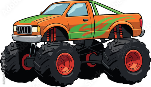 Orange and green monster truck with oversized tires vector illustration design 