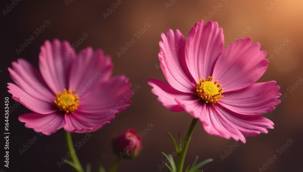 Obraz premium Delicate cosmos blooms, soft petals against rich brown backdrop, vibrant, natural