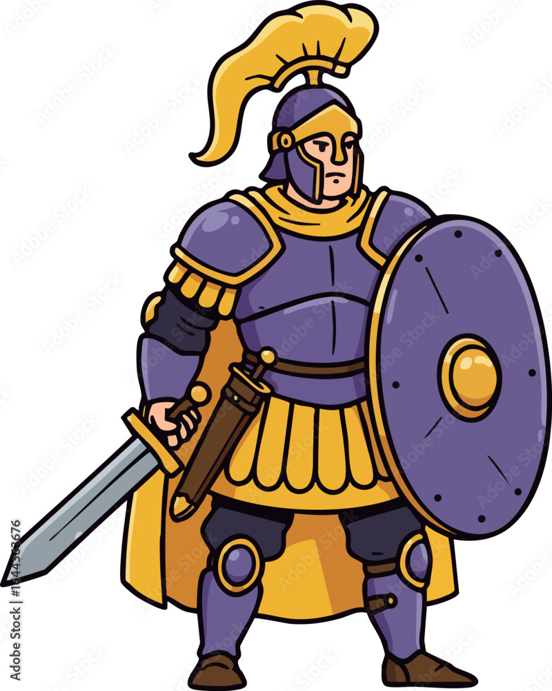Fototapeta premium Roman soldier warrior with sword and shield in purple and gold armor vector illustration 