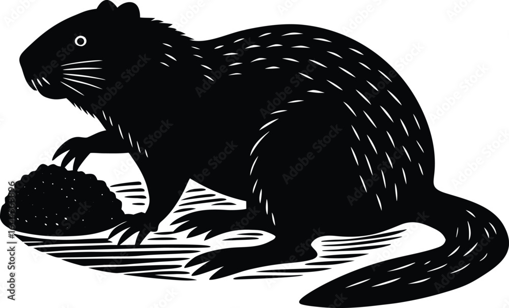 Fototapeta premium Black silhouette of a beaver holding a pile of wood chips