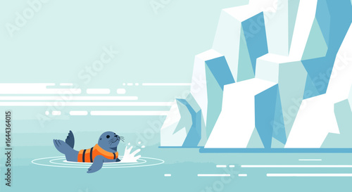 Cute seal in a life jacket swimming in arctic waters near an iceberg vector illustration for children's books and posters