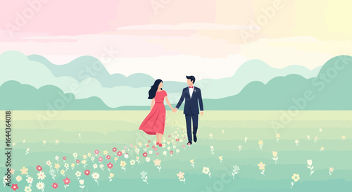 Couple walking hand in hand through a flower field with pastel mountains and sky creating a serene and romantic atmosphere