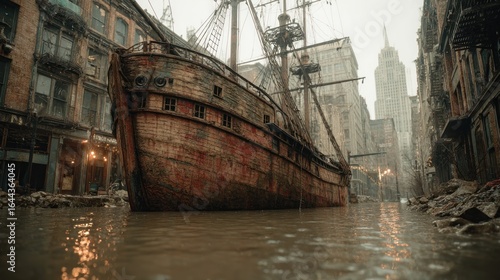 Surreal juxtaposition: Ancient galleon sailing through flooded city streets