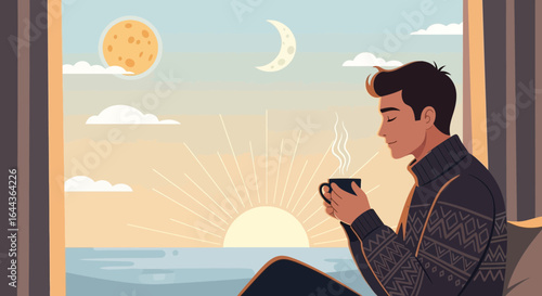 Cozy Morning At Home Man Enjoying Scenic Seascape View With Hot Drink