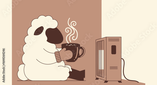 Cozy sheep enjoying a hot drink next to a heater on a chilly day indoors