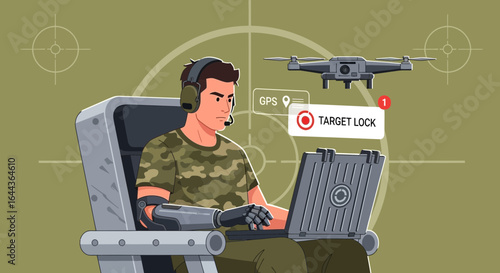 Cybernetic soldier operating drone with target lock interface using advanced tech
