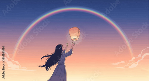 Dreamy illustration of a girl releasing a lantern under a vibrant rainbow sky celebrating hope and new beginnings