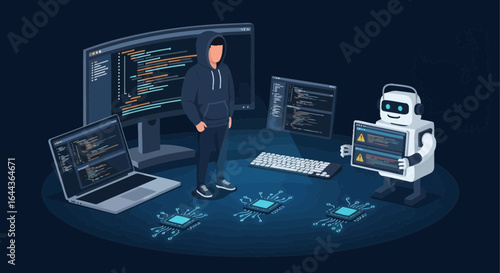Cybersecurity concept featuring a hacker, robot, and network, showcasing digital security measures and potential threats in the technological landscape