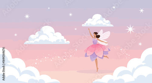 Dreamy illustration of a graceful fairy dancing among fluffy clouds and sparkling stars in the sky