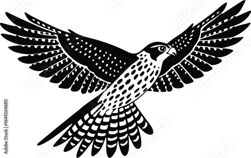 Stylized black and white peregrine falcon in flight