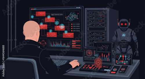 Cybersecurity expert analyses network data with AI assistance to identify threats efficiently