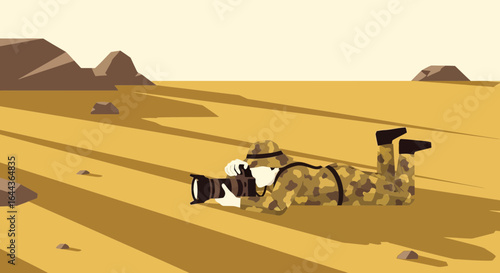 Crouched photographer in camouflage taking nature shots in the wilderness
