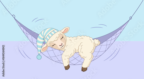Dreamy Lamb in Hammock: A peaceful cartoon illustration of sleep time with animal