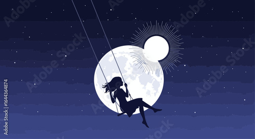 Dreamy night scene of a girl swinging on a moon swing under the starry sky