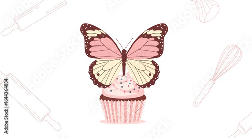 Cupcake adorns a butterfly as dessert and beauty combines into a delicious icon