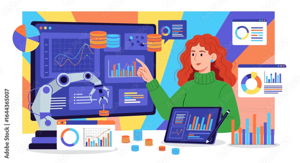 Fototapeta premium Data Analysis and Automation: Woman analyzing data with robotic assistance for insights