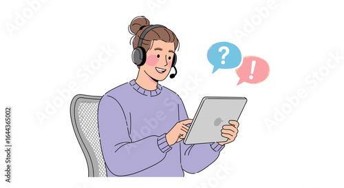 Customer support representative offering assistance with technology using tablet device in call center environment
