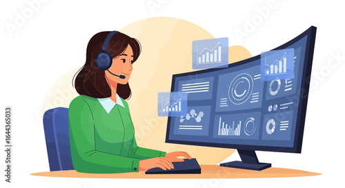 Customer support representative analyzing data charts on a large computer screen