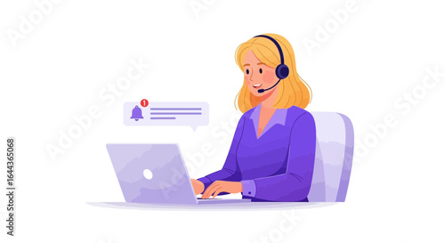 Customer support representative with headset receiving notifications on laptop screen
