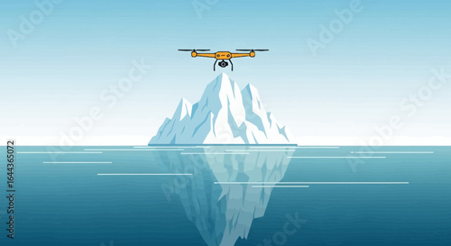 Drone surveying an iceberg in the arctic waters, revealing the hidden depth beneath the ocean's surface illustrating climate change