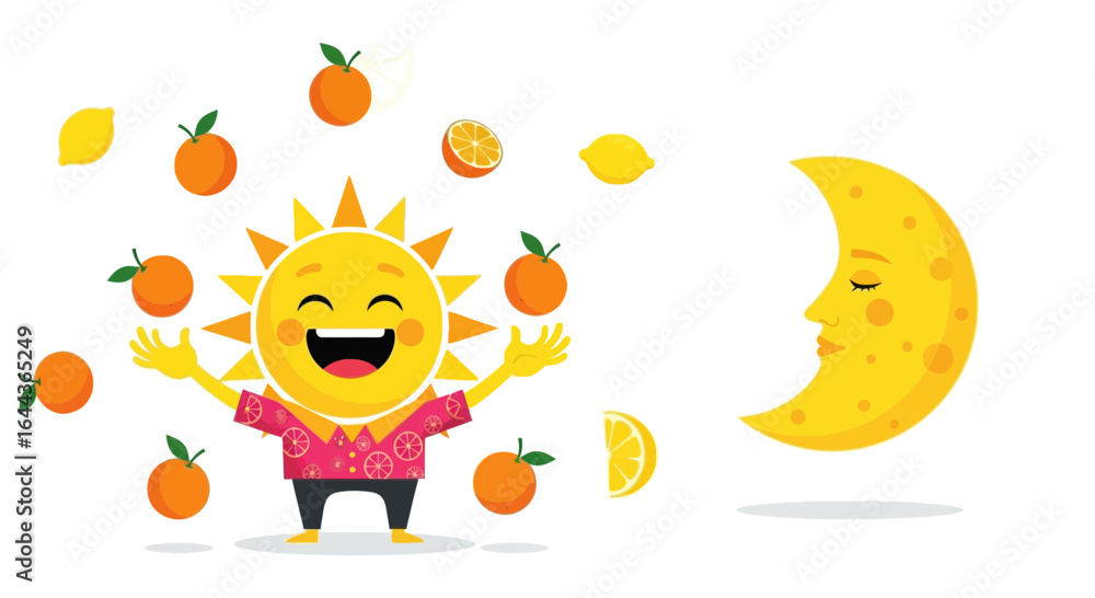 Fototapeta premium Day and night illustration with happy sun juggling oranges and moon with sleeping face isolated on white background