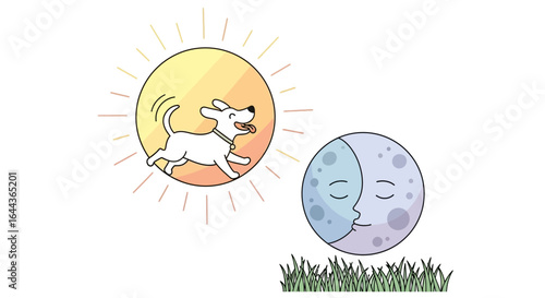 Day and Night Cartoon Illustration Featuring a Dog in the Sun and Moon on Grass
