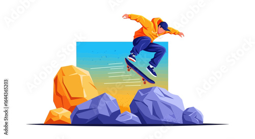 Dynamic skateboarding scene showcasing a skater performing a trick over rocks vector art