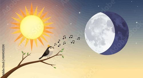 Day and night harmony: A singing bird welcomes the sun and moon in balanced illustration
