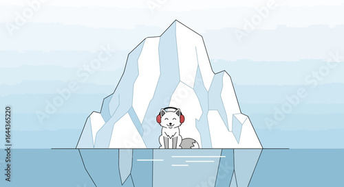 Cute cartoon arctic fox illustration sitting on an iceberg with headphones on the north pole landscape cartoon drawing