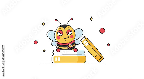 Cute cartoon bee character sitting on a honey jar with a sly expression for products