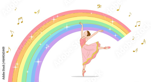 Elegant ballerina dancing gracefully under a colorful rainbow surrounded by musical notes